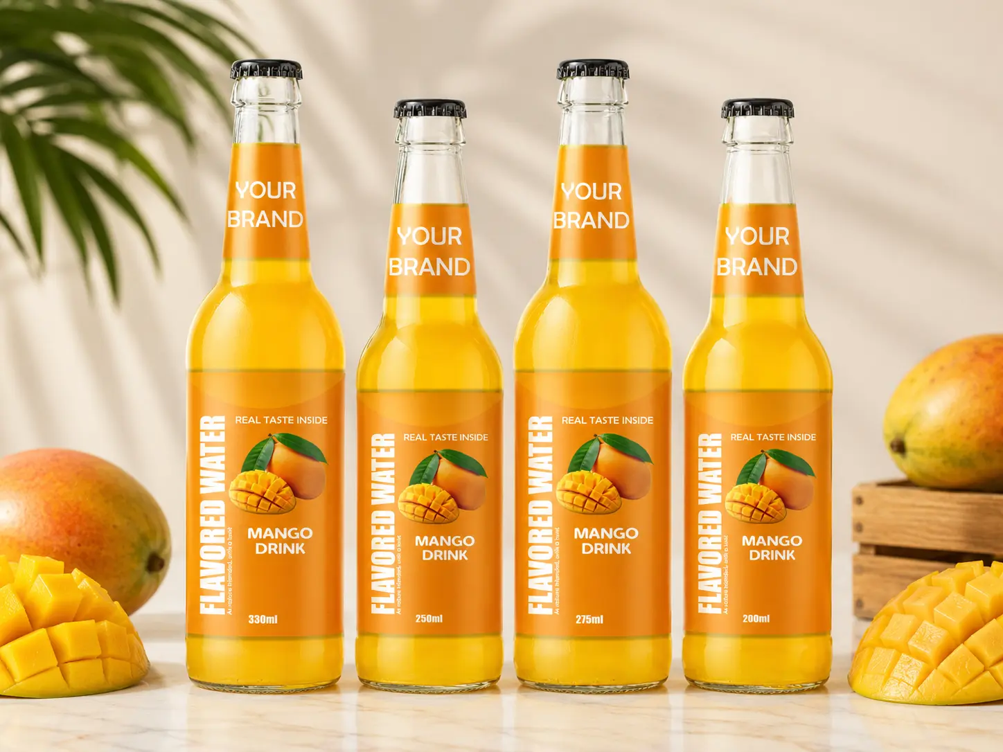 FLAVORED WATER Mango flavour in 200ml, 250ml, 275ml and 330ml glass bottles.